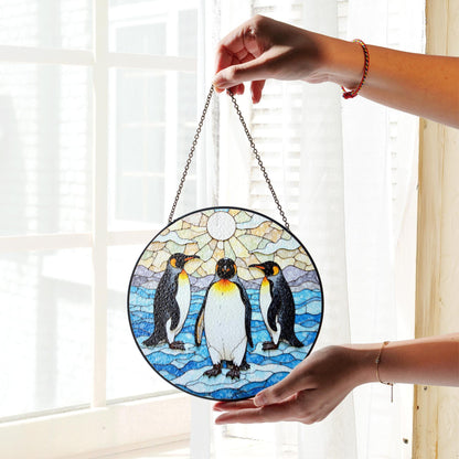 Three emperor penguins arctic stained glass suncatcher wildlife window decor gift for animal lovers