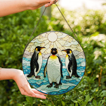 Three emperor penguins arctic stained glass suncatcher wildlife window decor gift for animal lovers