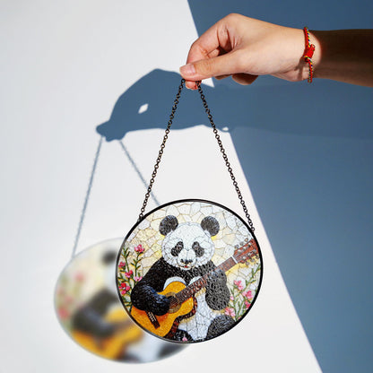 Panda Playing Guitar Suncatcher Stained Glass Window Decor Gift for Music Lover