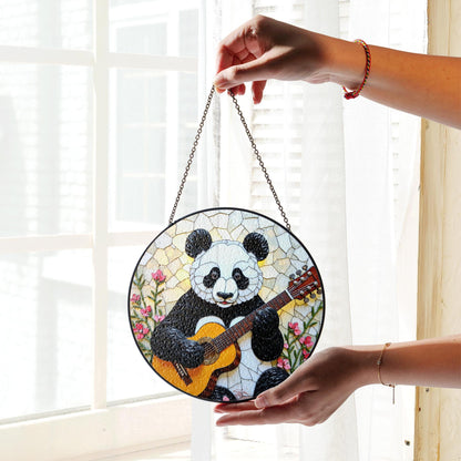 Panda Playing Guitar Suncatcher Stained Glass Window Decor Gift for Music Lover