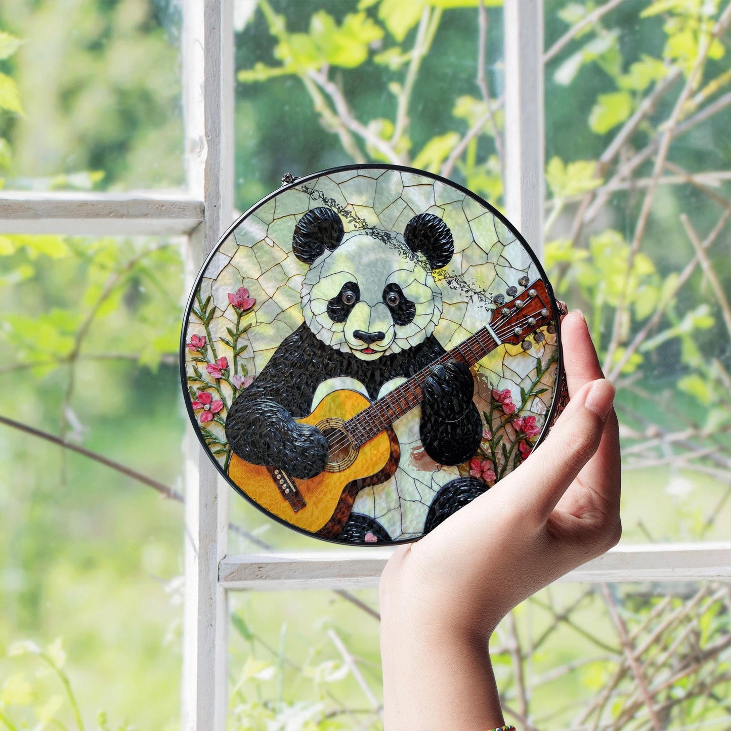 Panda Playing Guitar Suncatcher Stained Glass Window Decor Gift for Music Lover