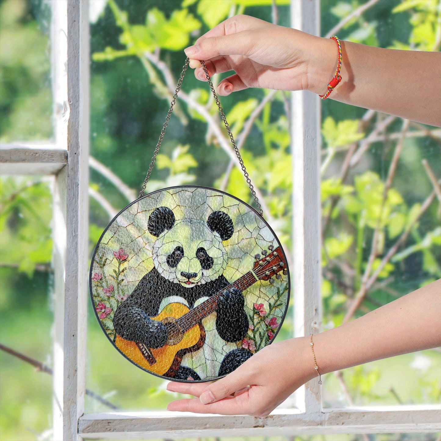 Panda Playing Guitar Suncatcher Stained Glass Window Decor Gift for Music Lover