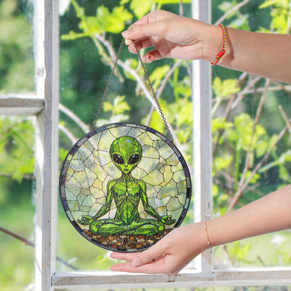 Meditating Alien Stained Glass Style Round Suncatcher Gift for UFO Lovers