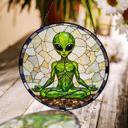 Meditating Alien Stained Glass Style Round Suncatcher Gift for UFO Lovers