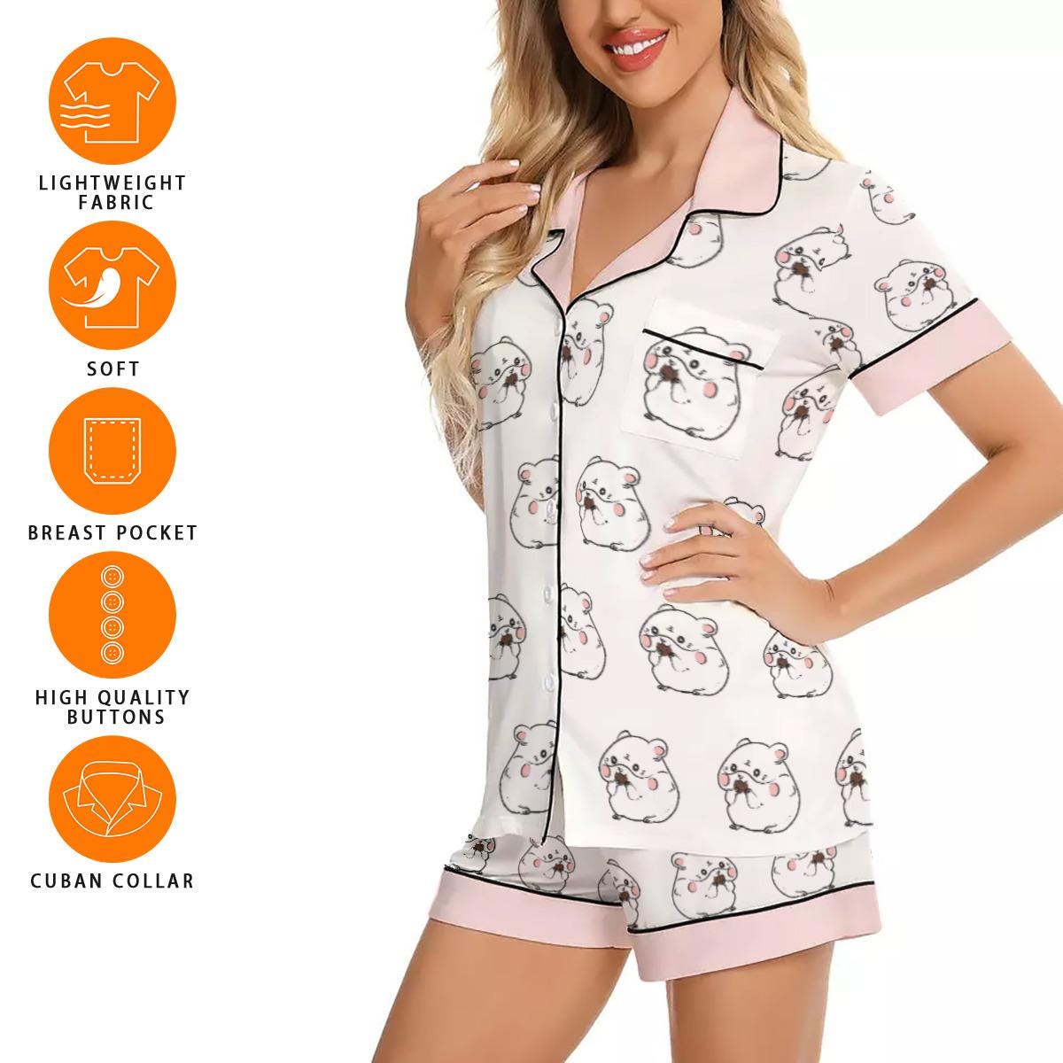 Kawaii Heaven Women's Short Sleeve Hamster Print Pajama Set in Imitation Silk