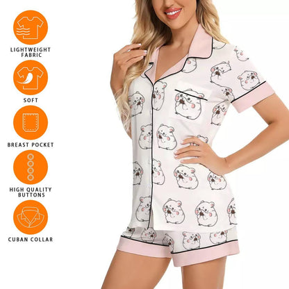 Kawaii Heaven Women's Short Sleeve Hamster Print Pajama Set in Imitation Silk