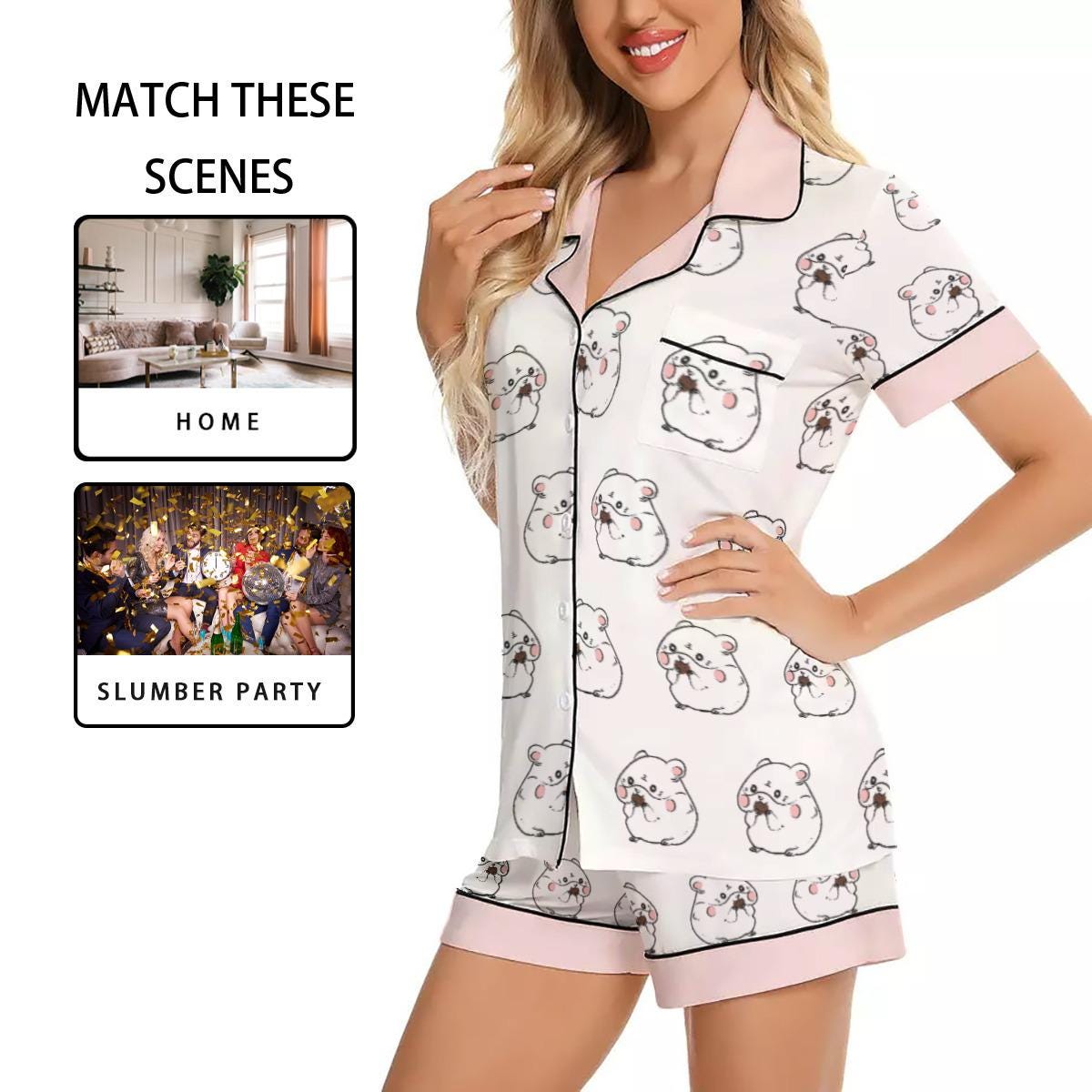 Kawaii Heaven Women's Short Sleeve Hamster Print Pajama Set in Imitation Silk