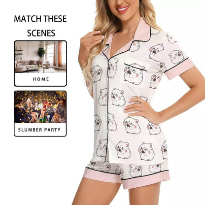 Kawaii Heaven Women's Short Sleeve Hamster Print Pajama Set in Imitation Silk