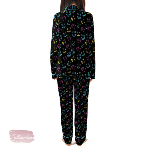 Smile Gravity Set – Neon Skull Face Pajama Shorts | Glow-in-the-Dark Graffiti Sleepwear | Funky Halloween Lounge Gift