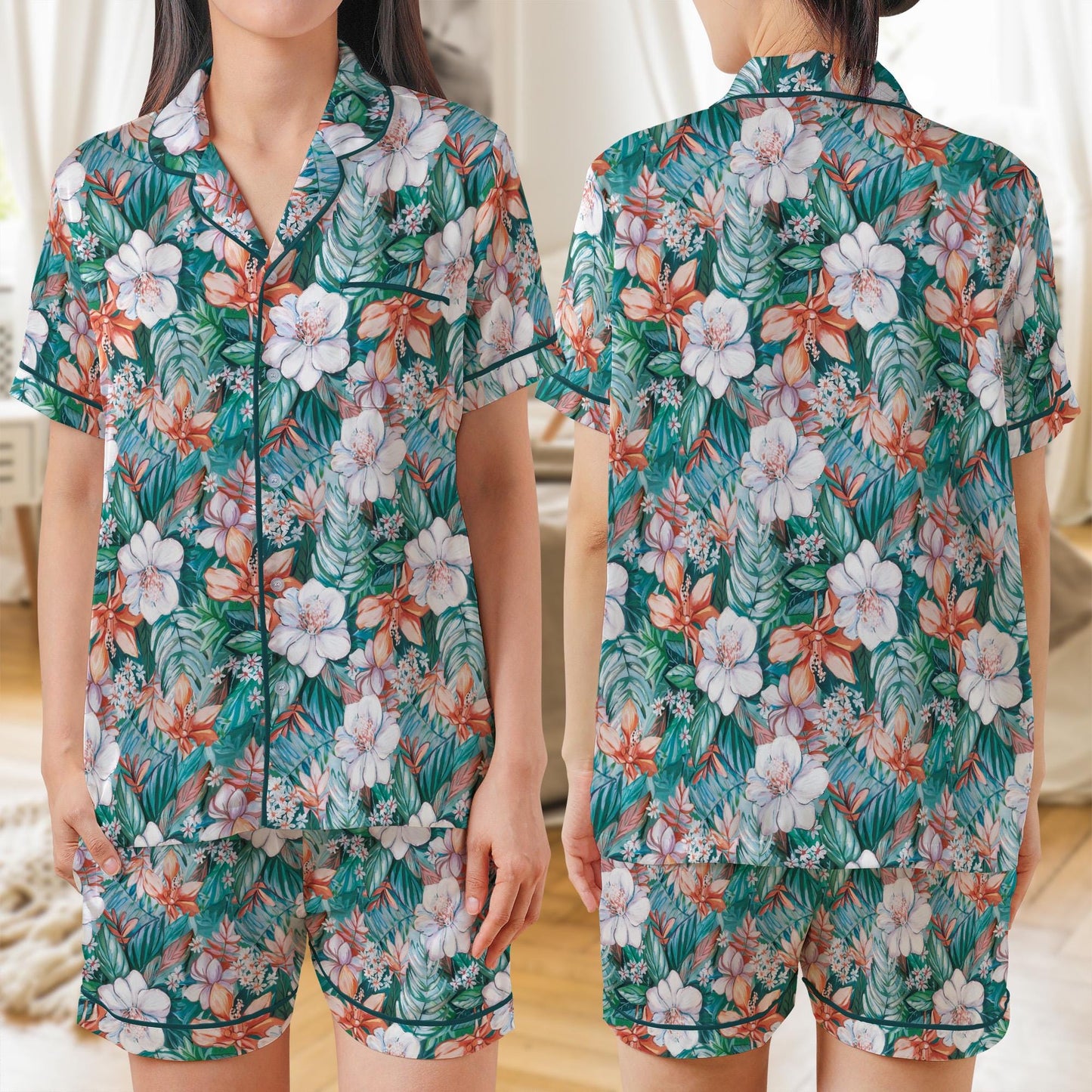 Tropical Flowers AOP Satin Short-Sleeve Pajamas Set, Summer Floral Sleepwear for Her, Soft Satin PJ Set, Island Vibes Loungewear Gift