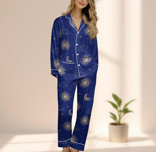 Celestial Moon And Sun Satin Pajamas Set, Mystical Night Sky Women Sleepwear, Dark Blue Astrology Pjs, Cozy Loungewear, Funny  Gift