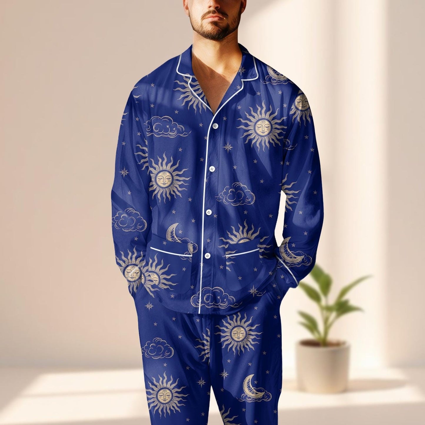 Celestial Moon And Sun Satin Pajamas Set, Mystical Night Sky Women Sleepwear, Dark Blue Astrology Pjs, Cozy Loungewear, Funny  Gift