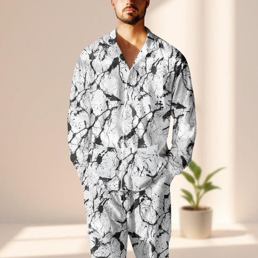 Marble Print Satin Pajamas Set, Elegant Black White Sleepwear, Minimalist Button Up Loungewear, Chic Nightwear, Gift For Her