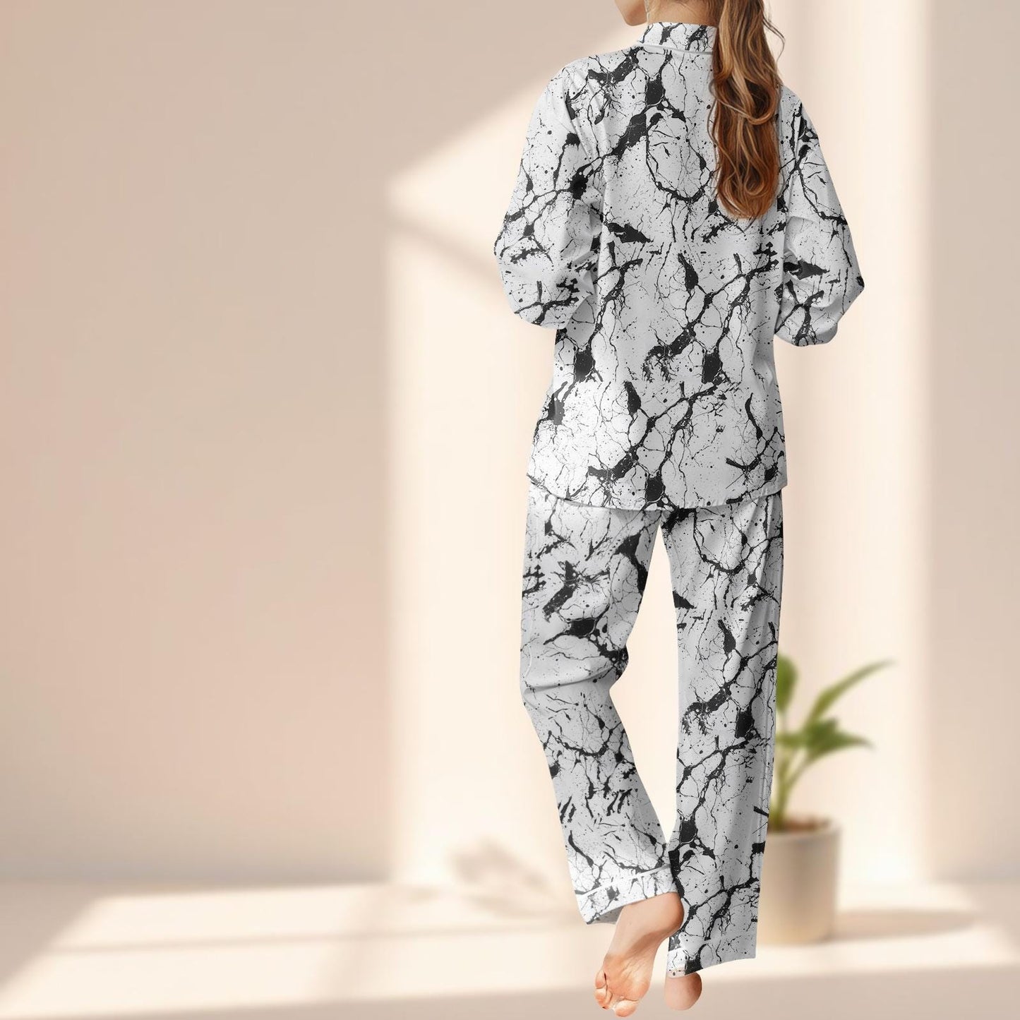 Marble Print Satin Pajamas Set, Elegant Black White Sleepwear, Minimalist Button Up Loungewear, Chic Nightwear, Gift For Her