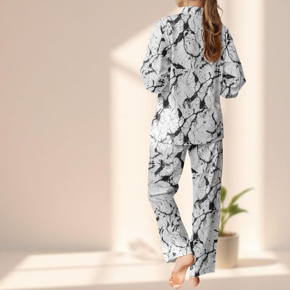 Marble Print Satin Pajamas Set, Elegant Black White Sleepwear, Minimalist Button Up Loungewear, Chic Nightwear, Gift For Her