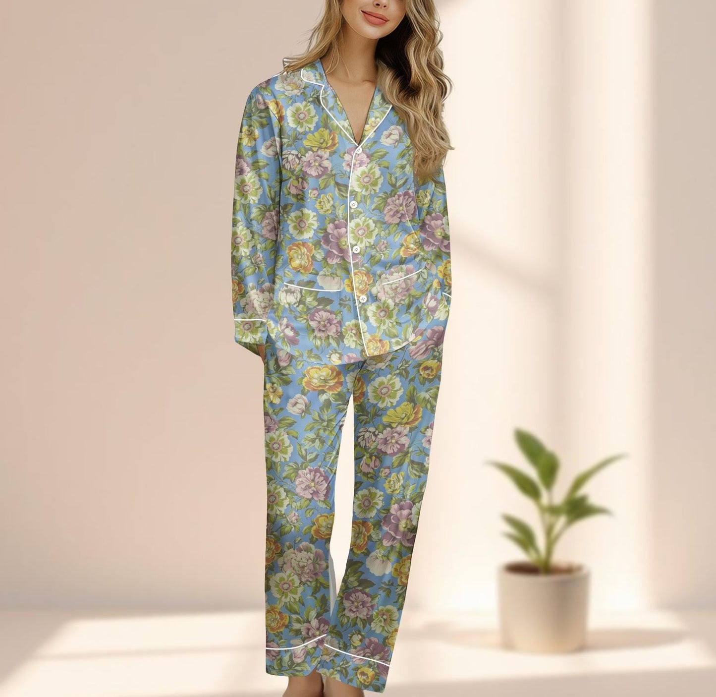 Vintage Floral Satin Pajamas Set, Romantic Garden Sleepwear, Soft Blue Button Up Pjs, Cozy Elegant Loungewear, Birthday Gift For Her
