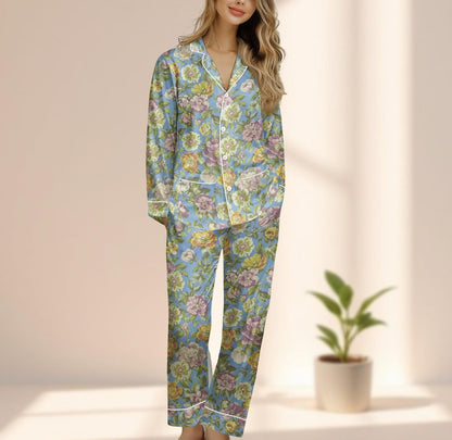Vintage Floral Satin Pajamas Set, Romantic Garden Sleepwear, Soft Blue Button Up Pjs, Cozy Elegant Loungewear, Birthday Gift For Her