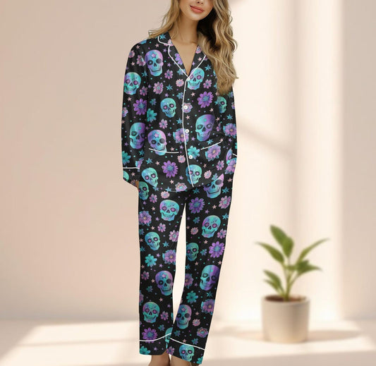 Sugar Skull Satin Pajamas Set, Day Of The Dead Sleepwear, Gothic Halloween Pjs, Purple Floral Skull Loungewear, Funny Gift For Her
