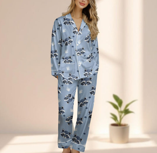 Cute Raccoon Face Satin Pajamas Set, Funny Animal Print Sleepwear, Blue Cozy Button Up Pjs, Kawaii Forest Loungewear, Gift For Her