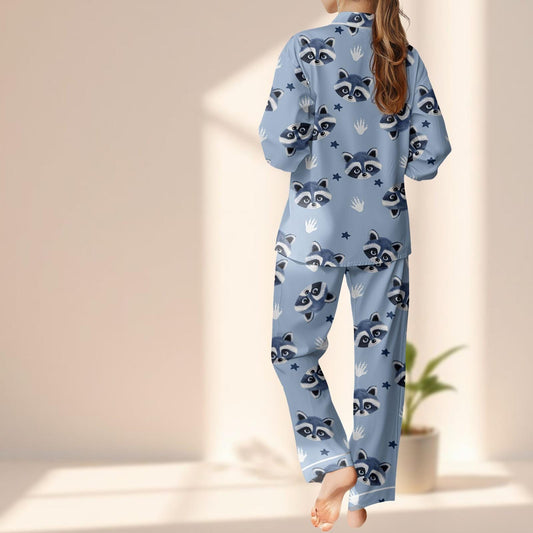 Cute Raccoon Face Satin Pajamas Set, Funny Animal Print Sleepwear, Blue Cozy Button Up Pjs, Kawaii Forest Loungewear, Gift For Her
