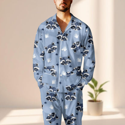 Cute Raccoon Face Satin Pajamas Set, Funny Animal Print Sleepwear, Blue Cozy Button Up Pjs, Kawaii Forest Loungewear, Gift For Her