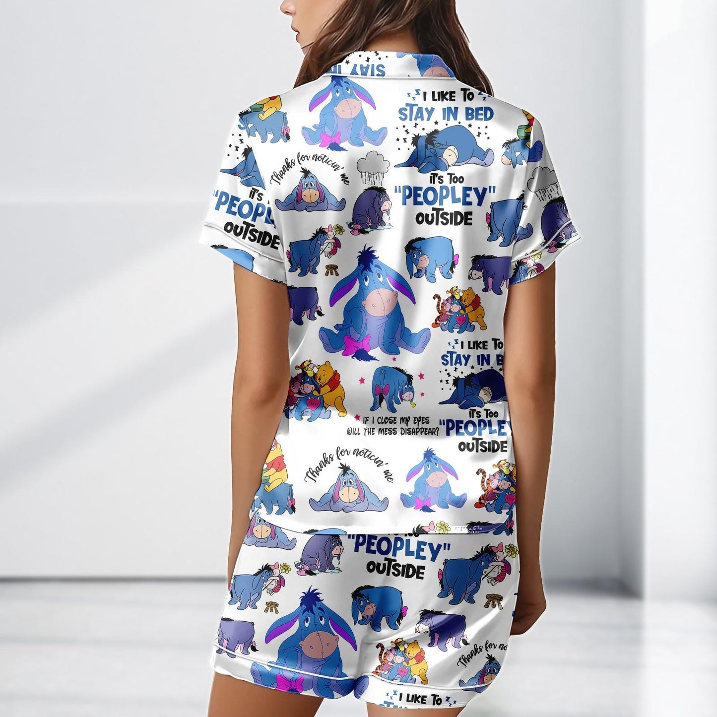 Eeyore Funny Satin Pajamas Set for Women, It's Too Peopley Outside, Winnie the Pooh Sleepwear, Summer Shorts Gift for Fans
