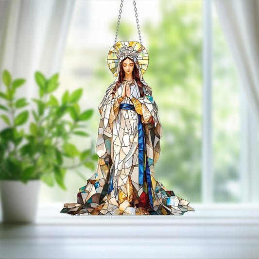 Crowned Virgin Mary Window Hanging – Elegant Marian Decor in White Robe with Blue Sash for Catholic Home, Chapel or Spiritual Faith Gift