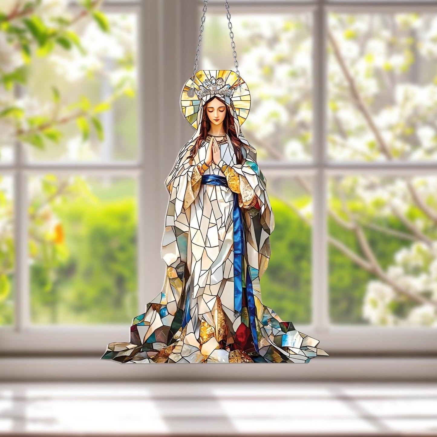 Crowned Virgin Mary Window Hanging – Elegant Marian Decor in White Robe with Blue Sash for Catholic Home, Chapel or Spiritual Faith Gift