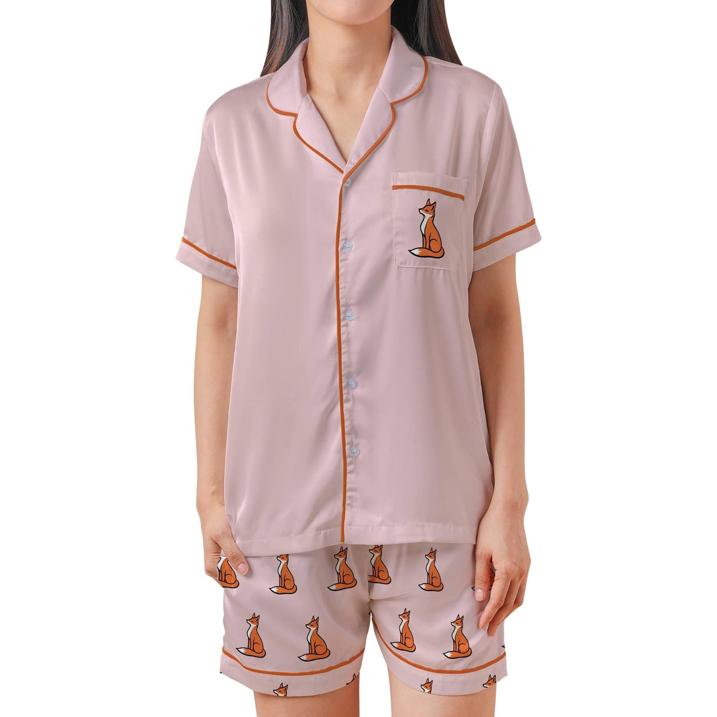 Fox Pajama Set Short Sleeves, Red Fox Woman's Pink Satin Pajama Short Sleeve