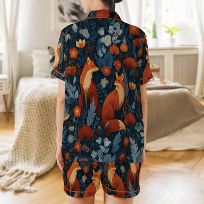 Fox Pajama Set Short Sleeves, Red Fox Woman's Colorful Satin Pajama Short Sleeve