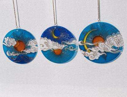 Set of 3 Stained glass Suncatchers Sun Moon Cloud Window decor Painting on acrylic