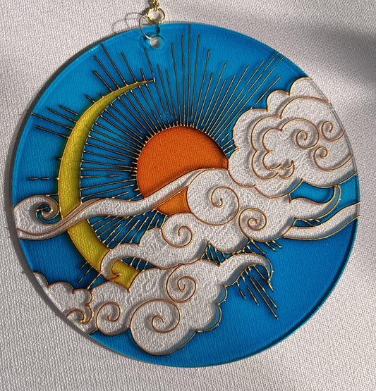 Set of 3 Stained glass Suncatchers Sun Moon Cloud Window decor Painting on acrylic