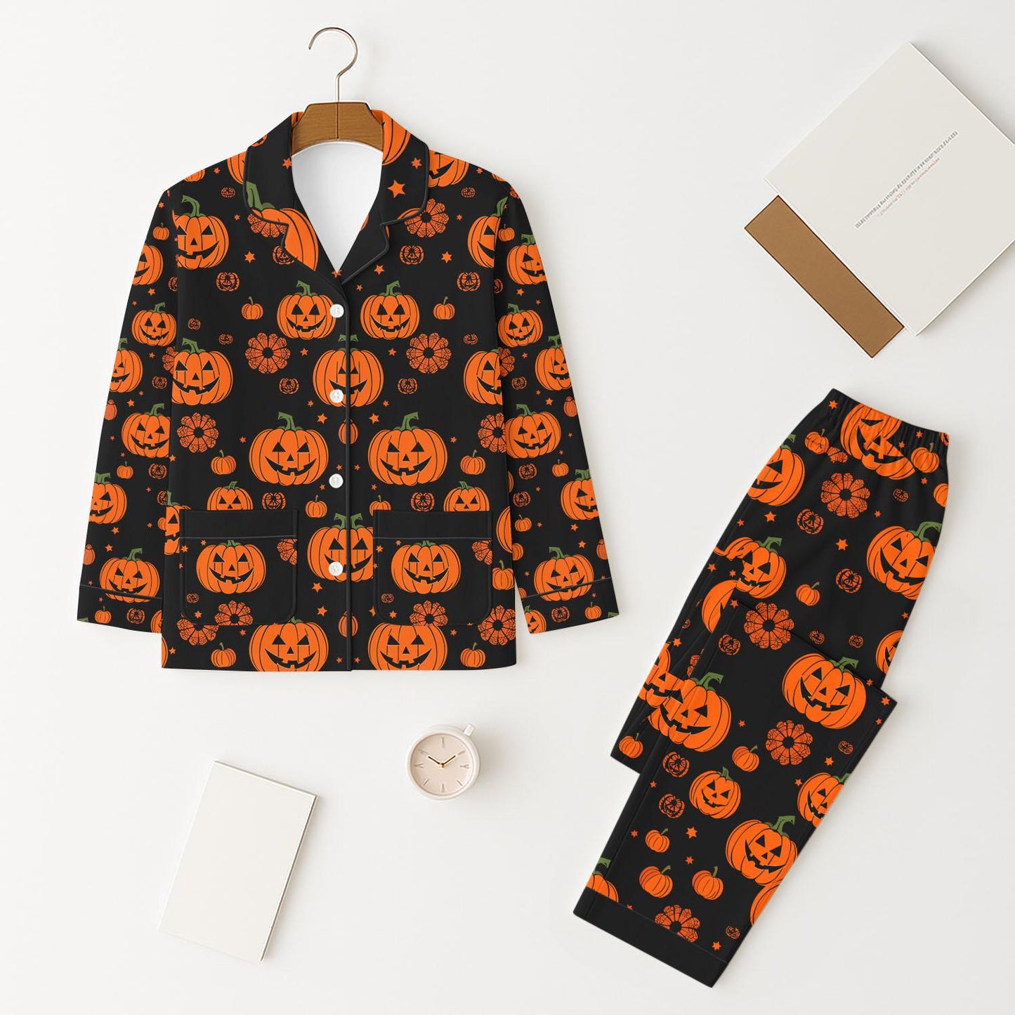 Black Halloween Pumpkin Pajamas Set, Scary Pumpkin Face Sleepwear, Long Sleeve Shirt, Cozy Fall Homewear, Family Matching Set