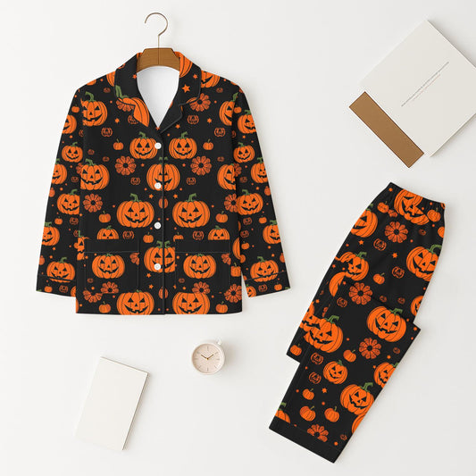 Black Halloween Pumpkin Pajamas Set, Scary Pumpkin Face Sleepwear, Long Sleeve Shirt, Cozy Fall Homewear, Family Matching Set