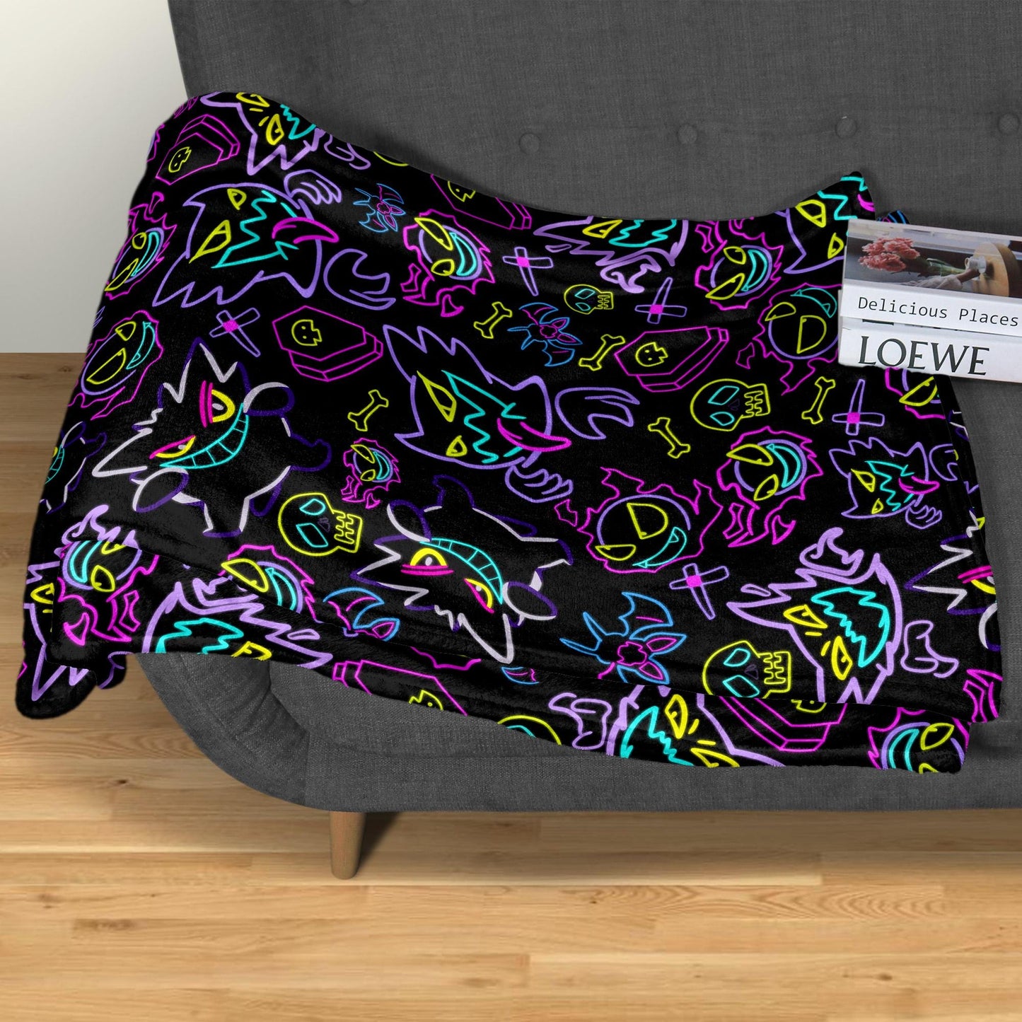 Gengar Fleece Blanket Neon Home Decor Throw Blanket Bedroom Decor Baby Blanket Cute Neon Gengar Blanket Gifts