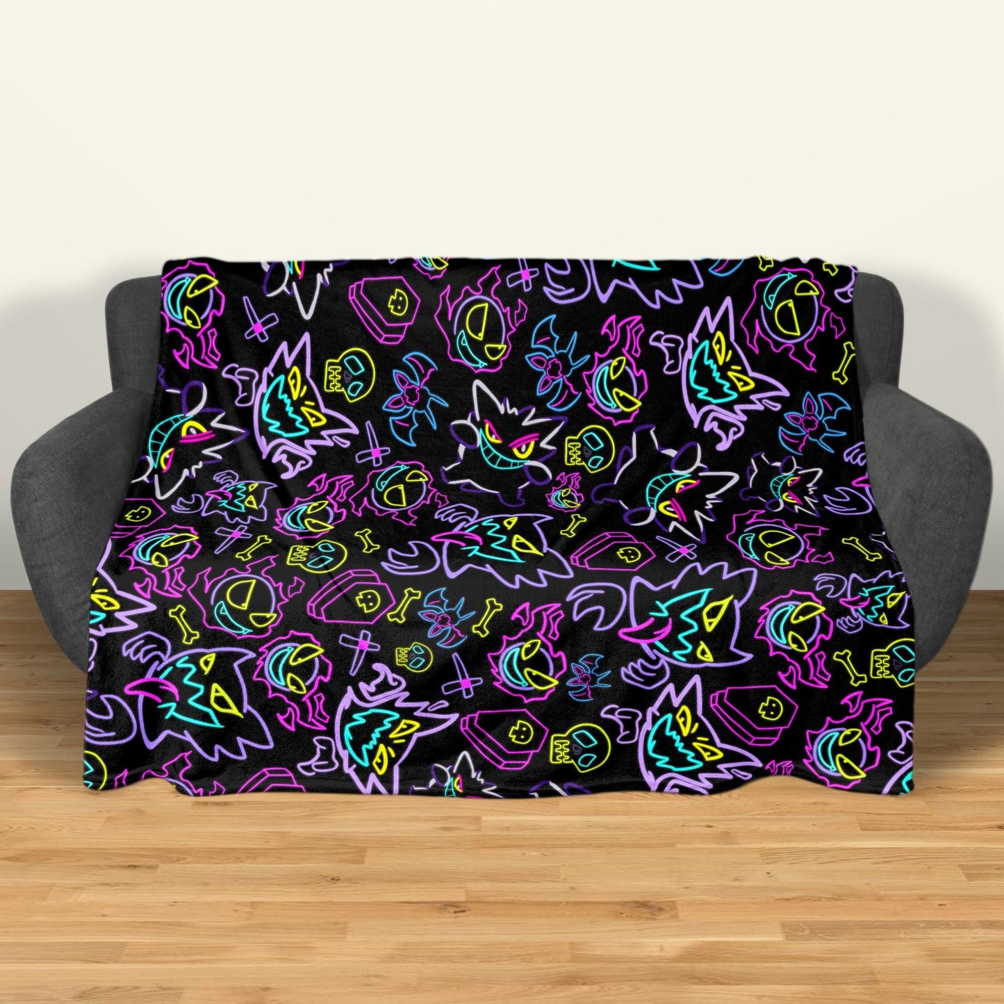 Gengar Fleece Blanket Neon Home Decor Throw Blanket Bedroom Decor Baby Blanket Cute Neon Gengar Blanket Gifts