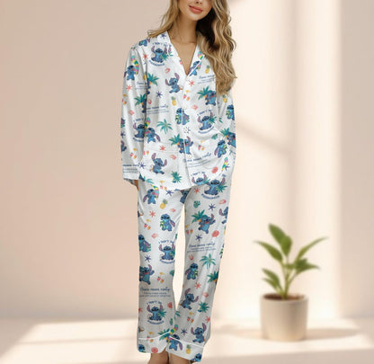 Stitch Ohana Satin Pajama Set, Cute Women Sleepwear, Tropical Lilo Inspired Loungewear, Cozy Matching Pajamas Set, Gift For Her