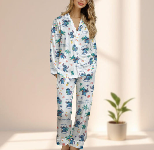 Stitch Ohana Satin Pajama Set, Cute Women Sleepwear, Tropical Lilo Inspired Loungewear, Cozy Matching Pajamas Set, Gift For Her