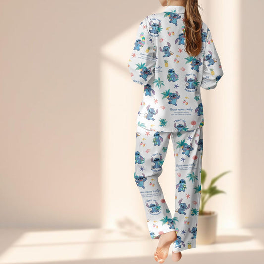 Stitch Ohana Satin Pajama Set, Cute Women Sleepwear, Tropical Lilo Inspired Loungewear, Cozy Matching Pajamas Set, Gift For Her