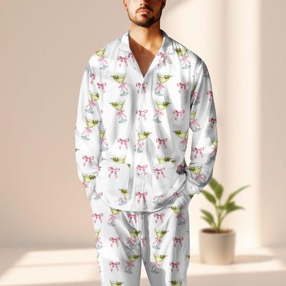 Pink Bow Martini Satin Pajama Set, Cute Cocktail Drink Women Sleepwear, Coquette Aesthetic Loungewear, Cute Matching Pjs, Funny Gift