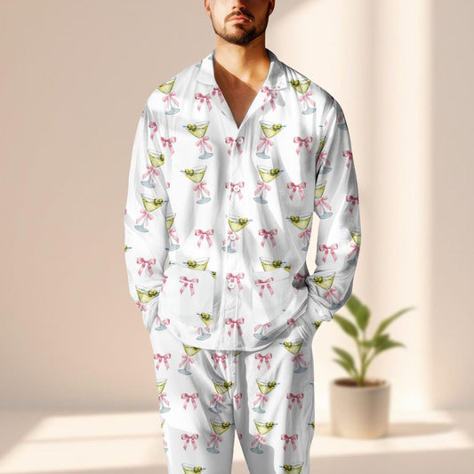 Pink Bow Martini Satin Pajama Set, Cute Cocktail Drink Women Sleepwear, Coquette Aesthetic Loungewear, Cute Matching Pjs, Funny Gift