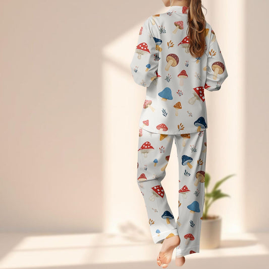 Colorful Mushroom Satin Pajama Set For Women, Cottagecore Fungi Sleepwear, Cozy Botanical Loungewear, Nature Matching Pjs, Gift For Her