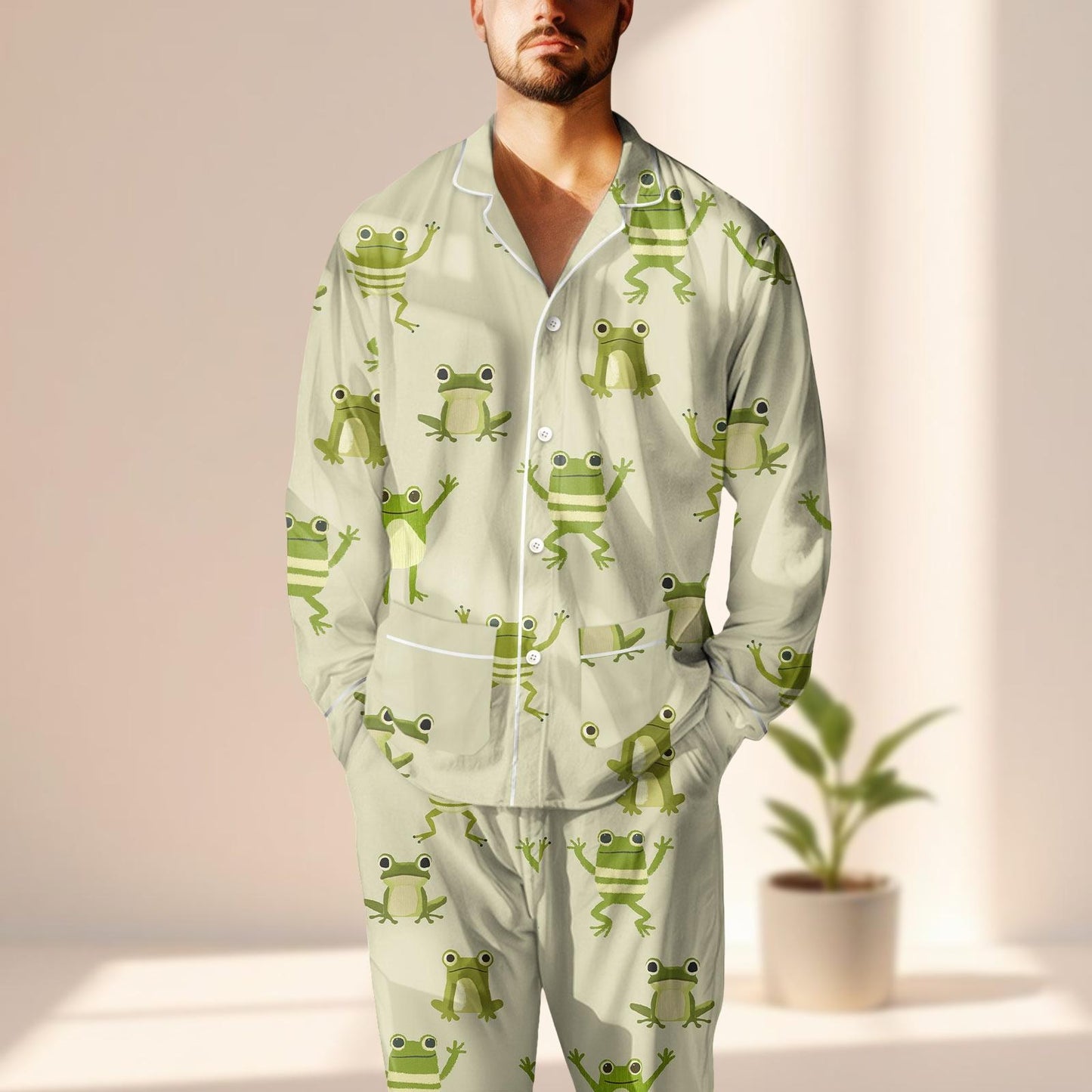 Cute Frog Print Satin Pajama Set, Funny Green Frog Sleepwear, Kawaii Animal Loungewear, Comfy Matching Pajamas Set, Gift For Her