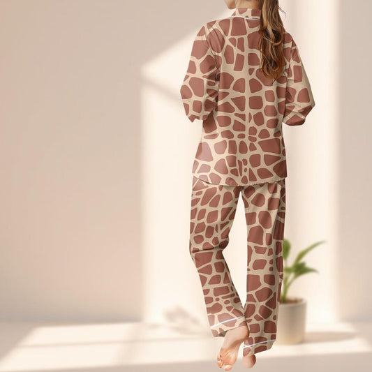 Giraffe Print Satin Pajama Set, Animal Skin Pattern Women Sleepwear, Wild Safari Lounge Set, Cozy Matching Pajamas Set, Gift For Her
