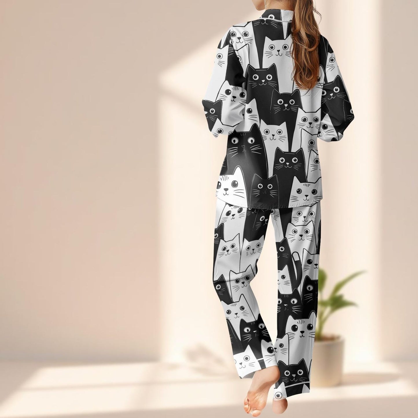 Black Cat Satin Pajama Set For Women, Cute Halloween Sleepwear, Kawaii Kitty Loungewear, Cat Lovers Matching Pajamas Set, Cozy Gift