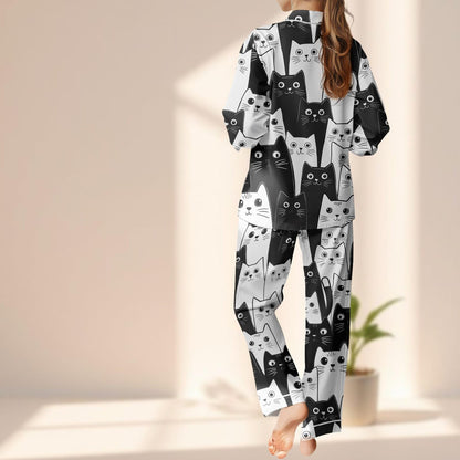 Black Cat Satin Pajama Set For Women, Cute Halloween Sleepwear, Kawaii Kitty Loungewear, Cat Lovers Matching Pajamas Set, Cozy Gift