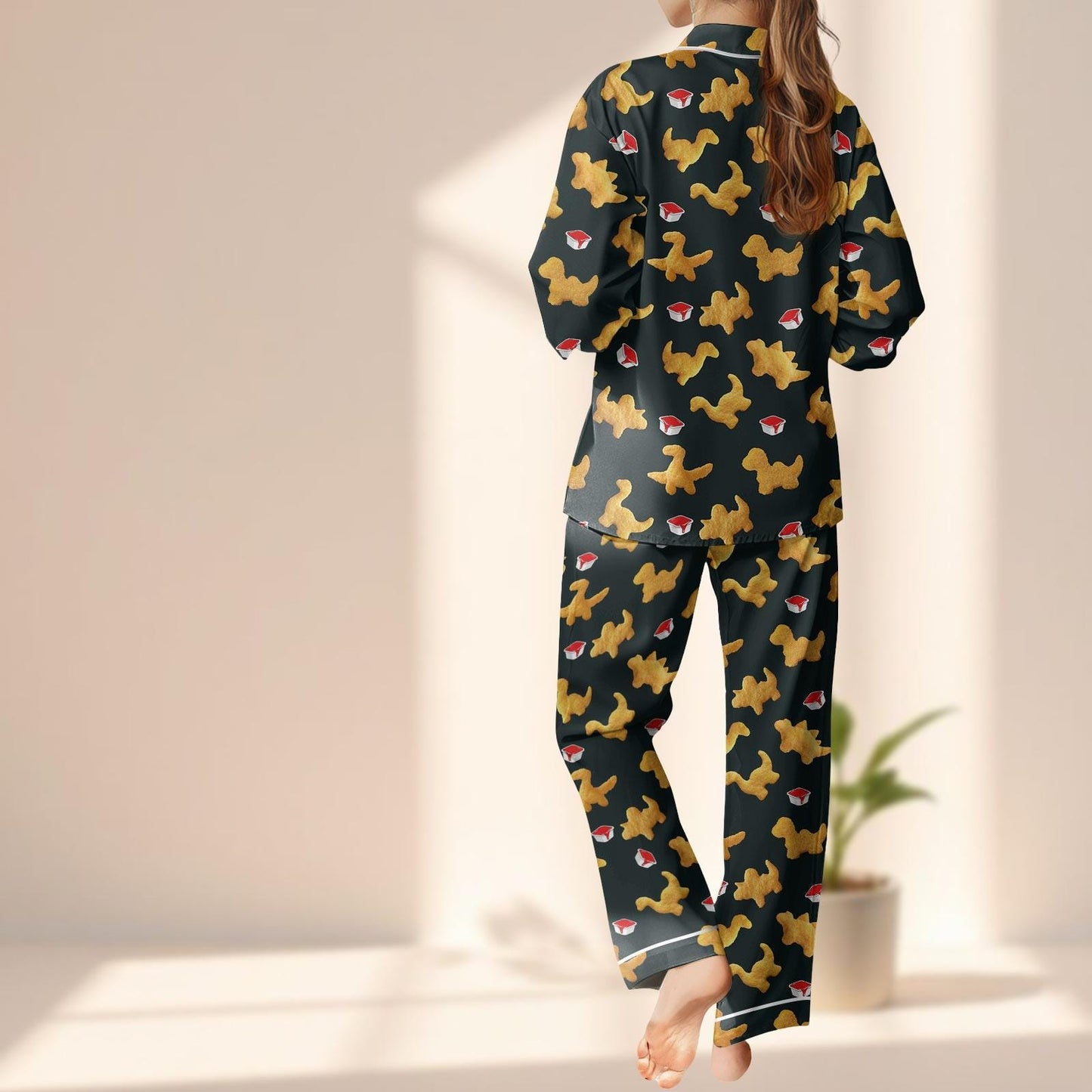 Dino Nugget Satin Pajama Set, Funny Chicken Nugget Sleepwear, Cute Dinosaur Loungewear, Cozy Foodie Matching Pajamas Set, Funny Gift