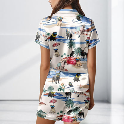 Pug Dog Summer Satin Pajamas, Beach Vacation Dog Print Sleepwear Set, Funny Pug Gift for Dog Lover, Pjs For Women