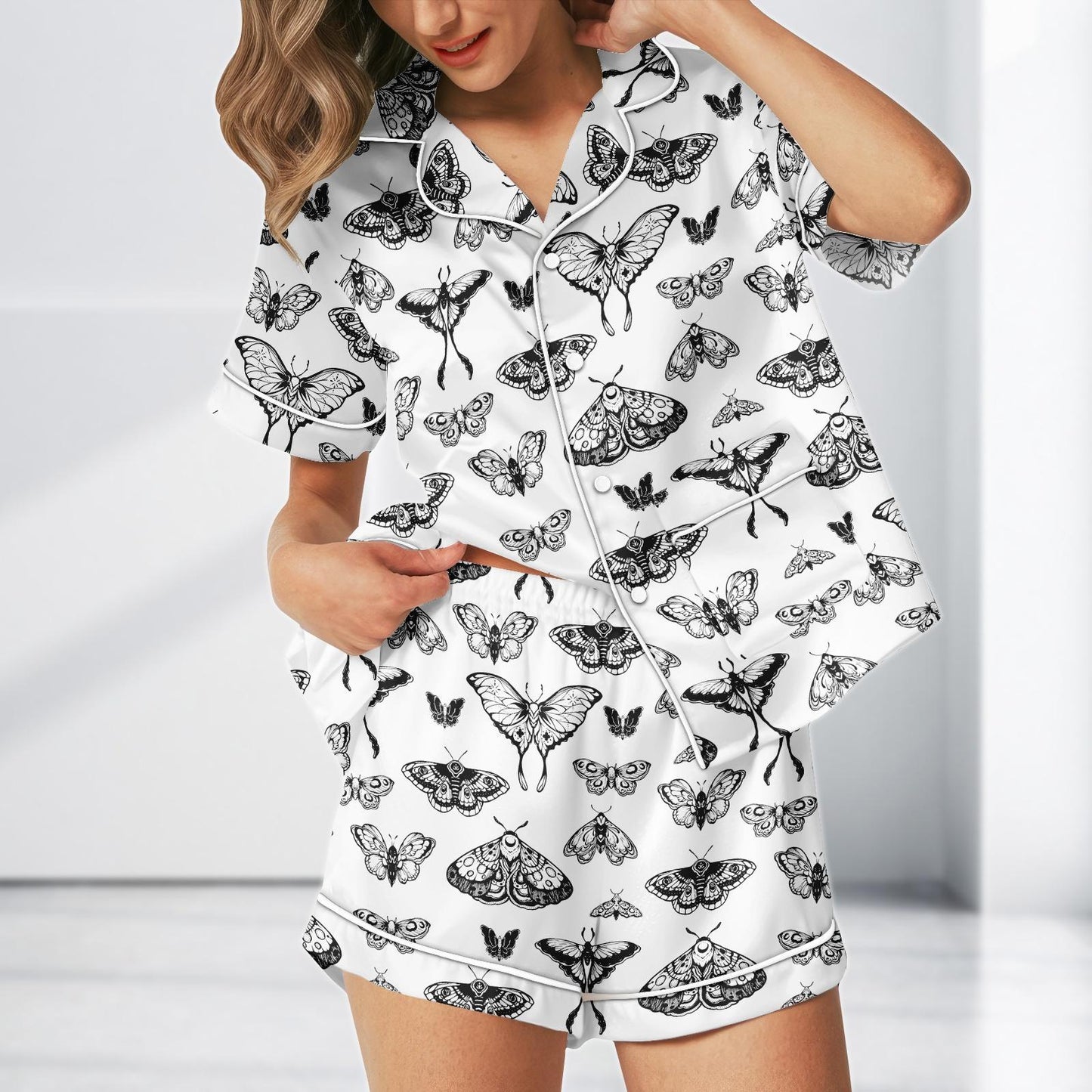 Butterfly Satin Pajama Set, Elegant Insect Loungewear, Nature Lover Sleep Set Gift for Her, Satin Women Pajamas