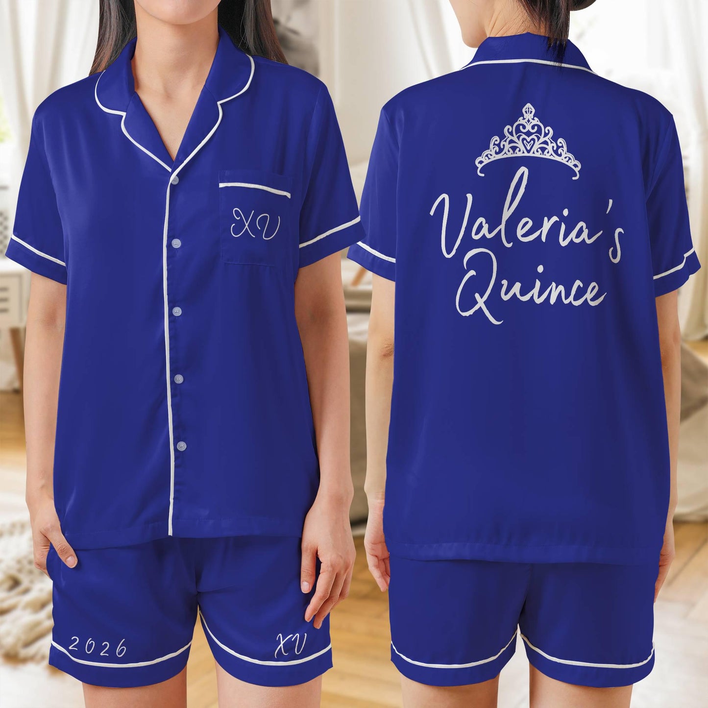 Quinceañera Pajama set, Mis Quince Años, Quinceanera PJs Short Sleeve PJ with shorts Satin Pajamas